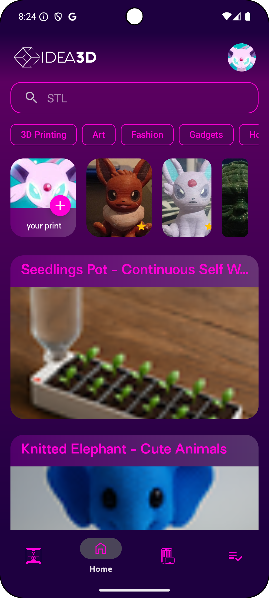 Pantalla de IDEA3D mostrando Discovery con catálogo de modelos 3D organizados por categorías