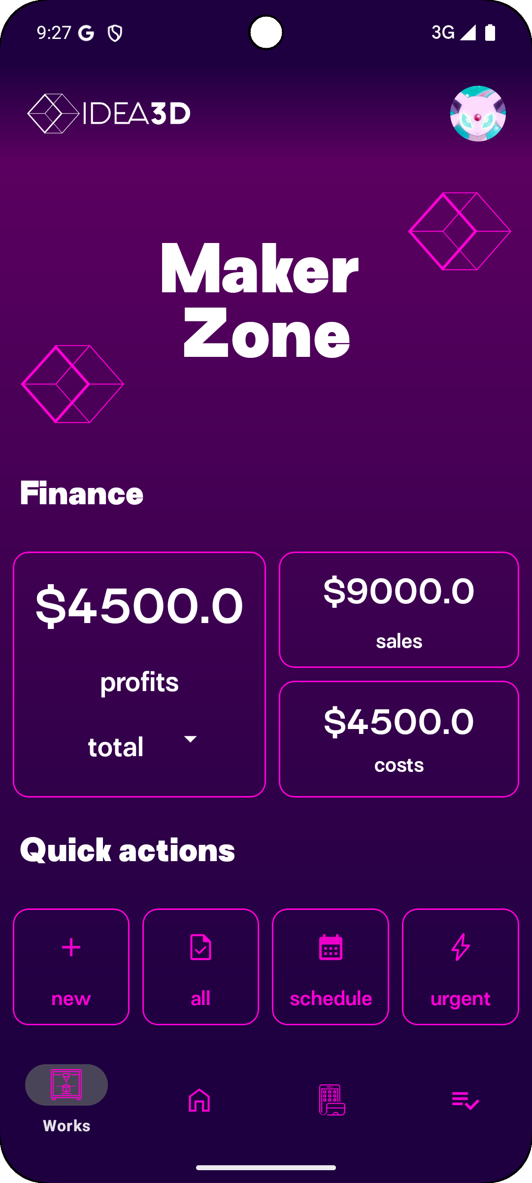 Pantalla de IDEA3D mostrando Maker Zone con gestión de finanzas, ventas y costos de impresión 3D